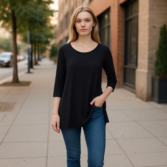 𝅺the lady & the sailor Black Back Pleated Tunic Top Blouse Size XS Made in USA - Picture 1 of 13